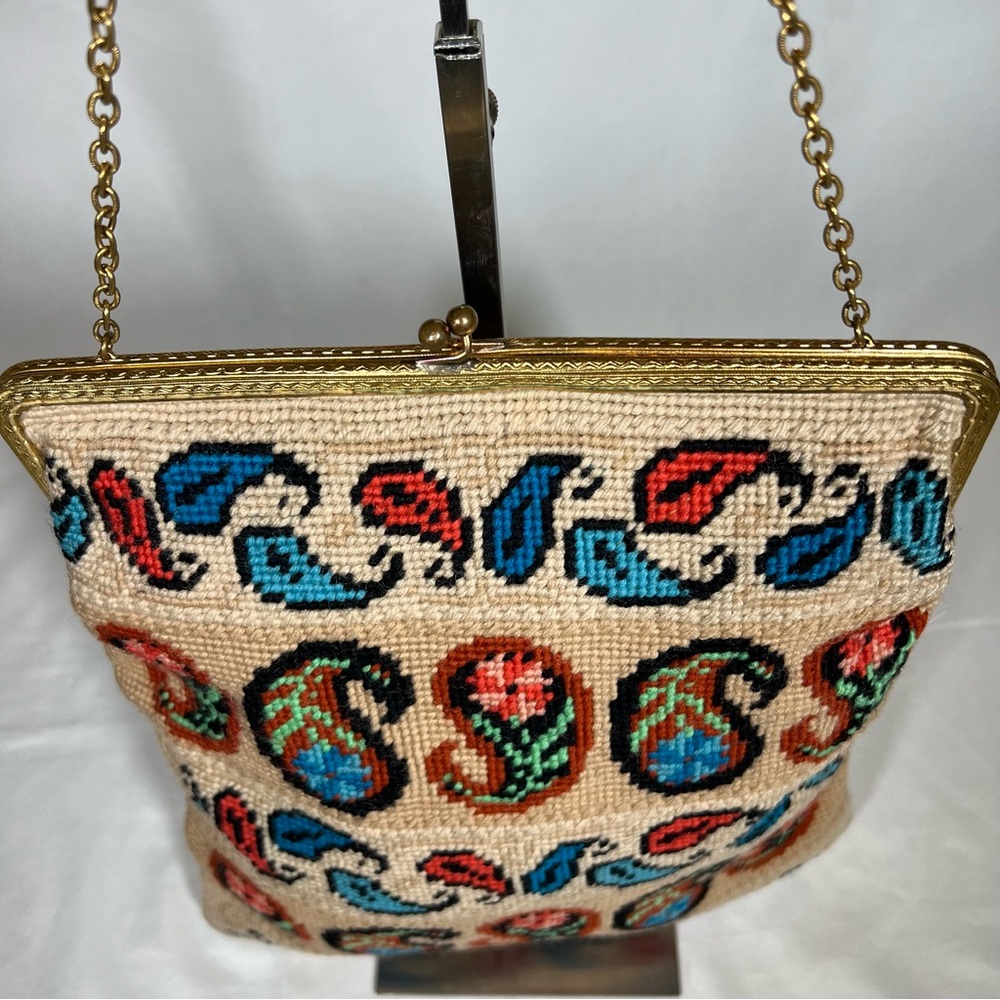 Vintage Needlepoint Tapestry Paisley Motif Shoulder Clutch Handbag Purse - Picture 3 of 13
